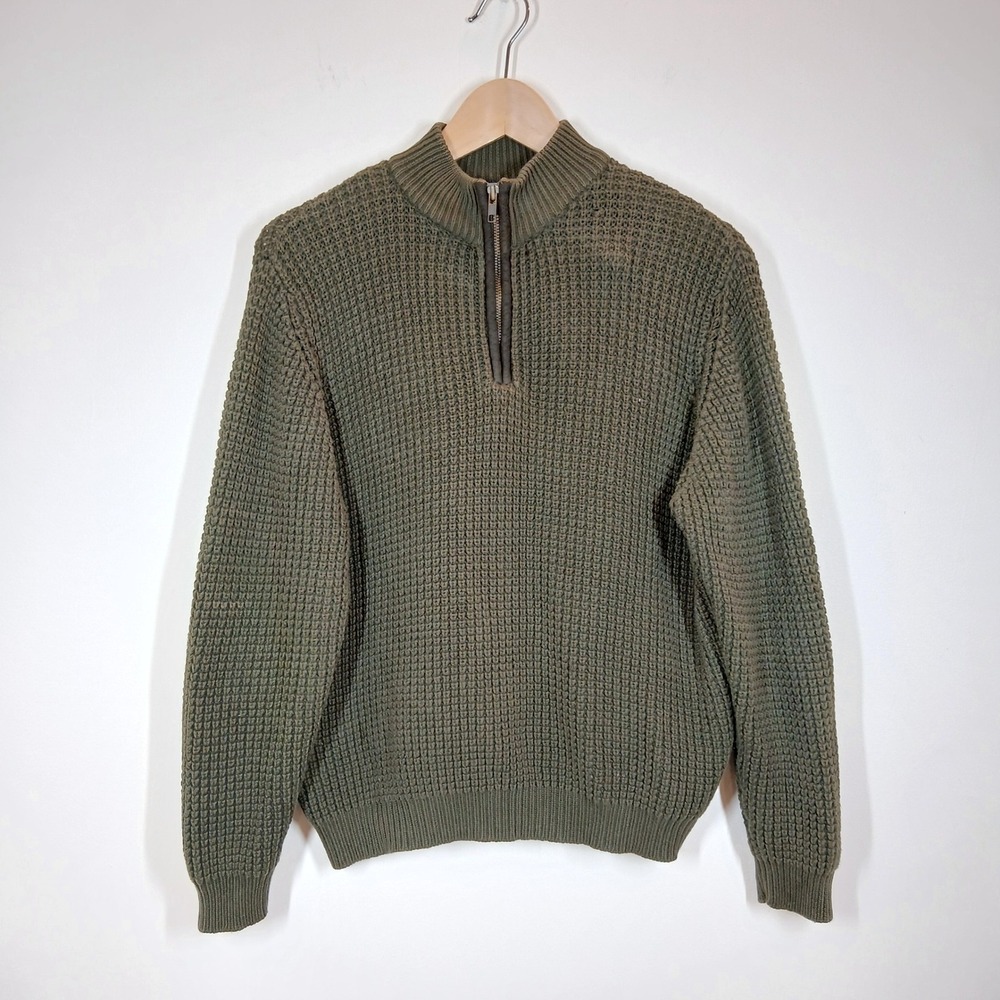 Pendleton Quarter Zip Sweater Mens Large Olive Green Cotton Waffle Elbow Patches